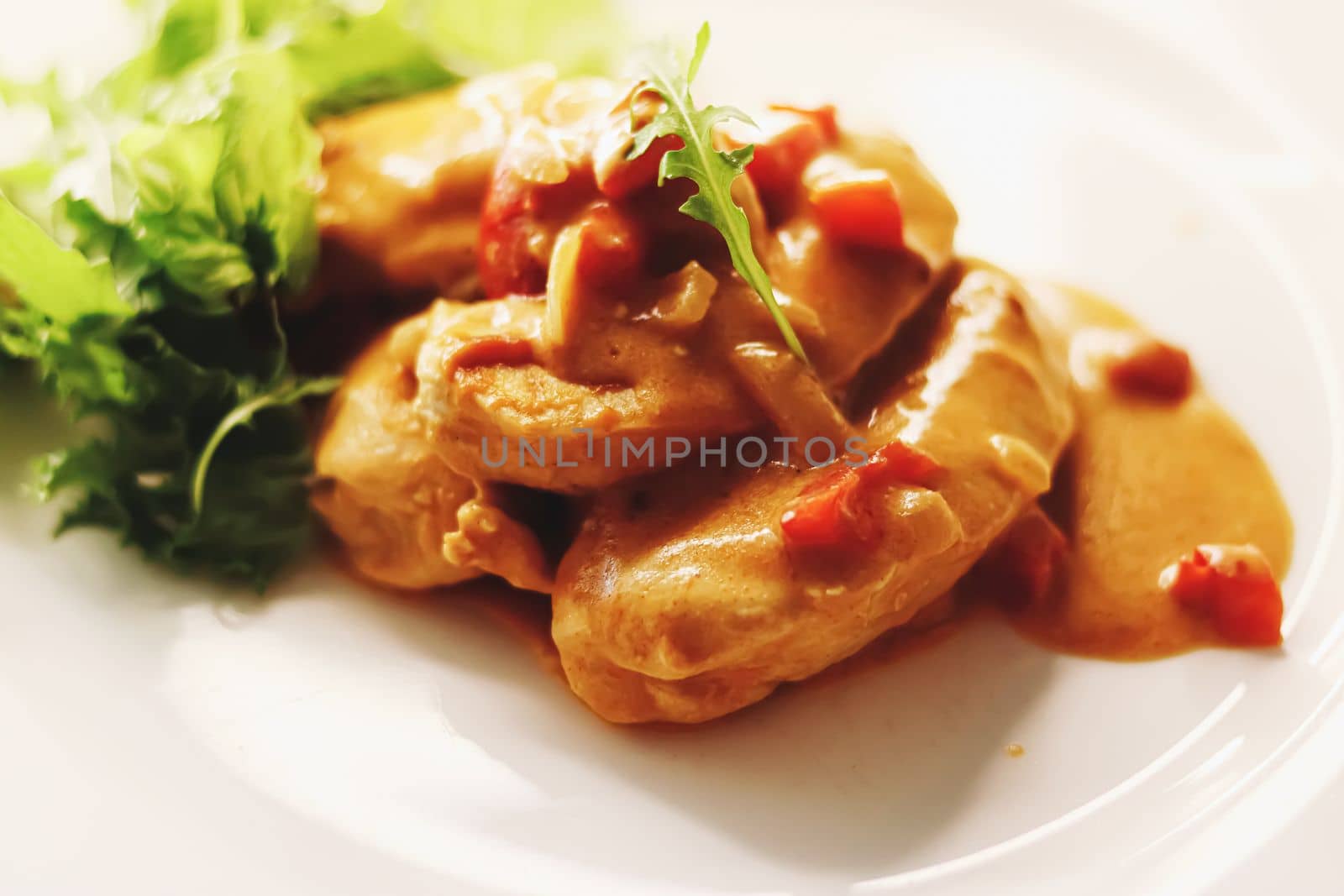 Food and diet, fried chicken fillet with sauce and lettuce as meal for lunch or dinner, tasty recipe by Anneleven