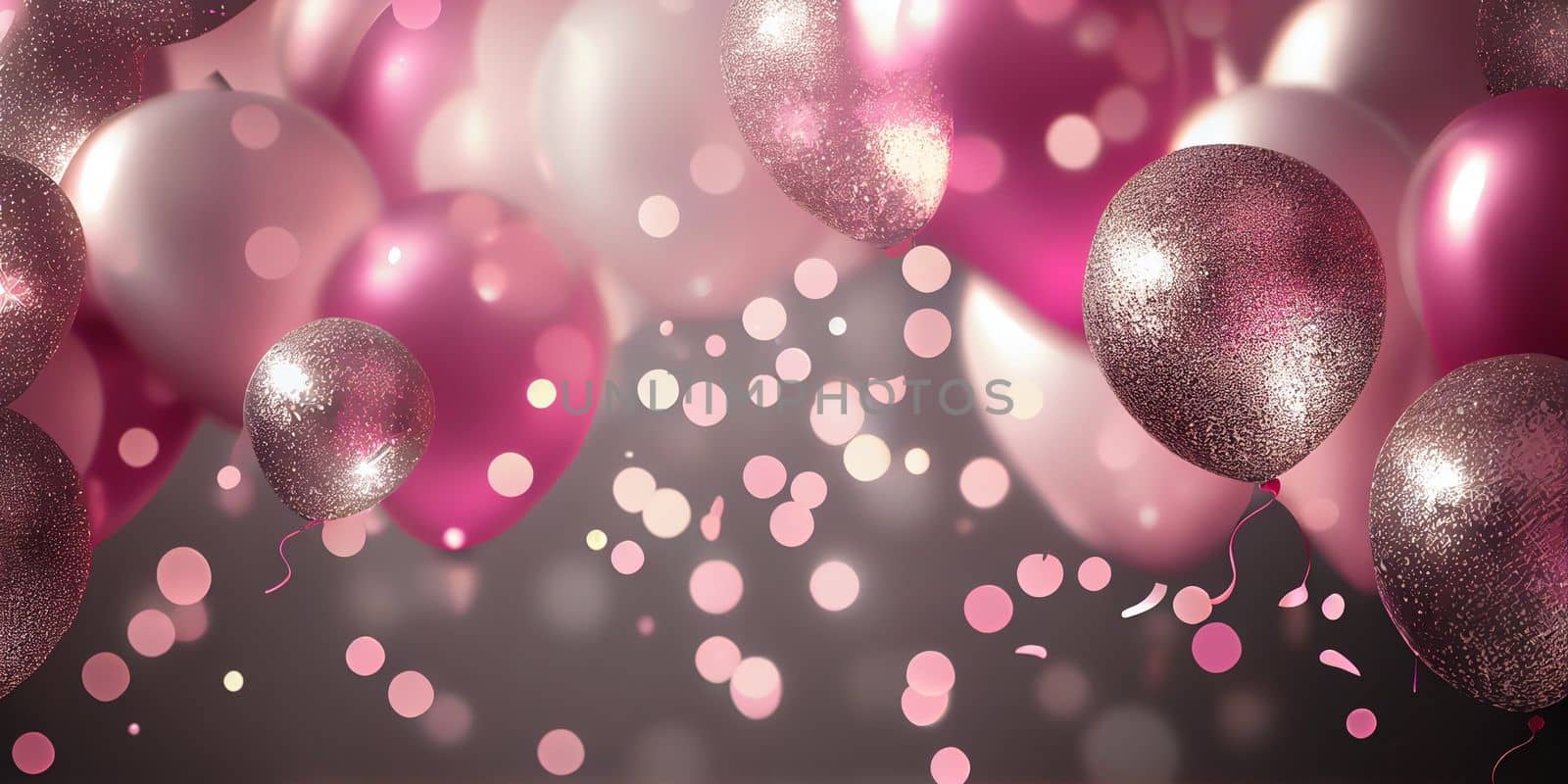 Pink birthday balloons over abstract background. AI Generative.