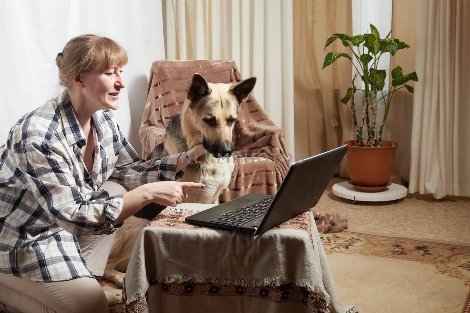 Woman and shepherd dog with netbook in living room. Portrait of a pet and a girl with laptop having fun and joy. Partial focus