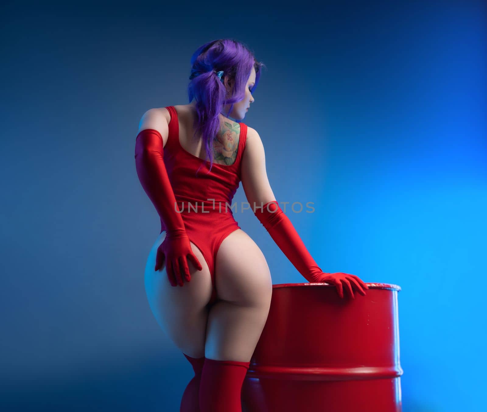 sexy girl in red bodysuit stockings shows off her big buttocks by Rotozey