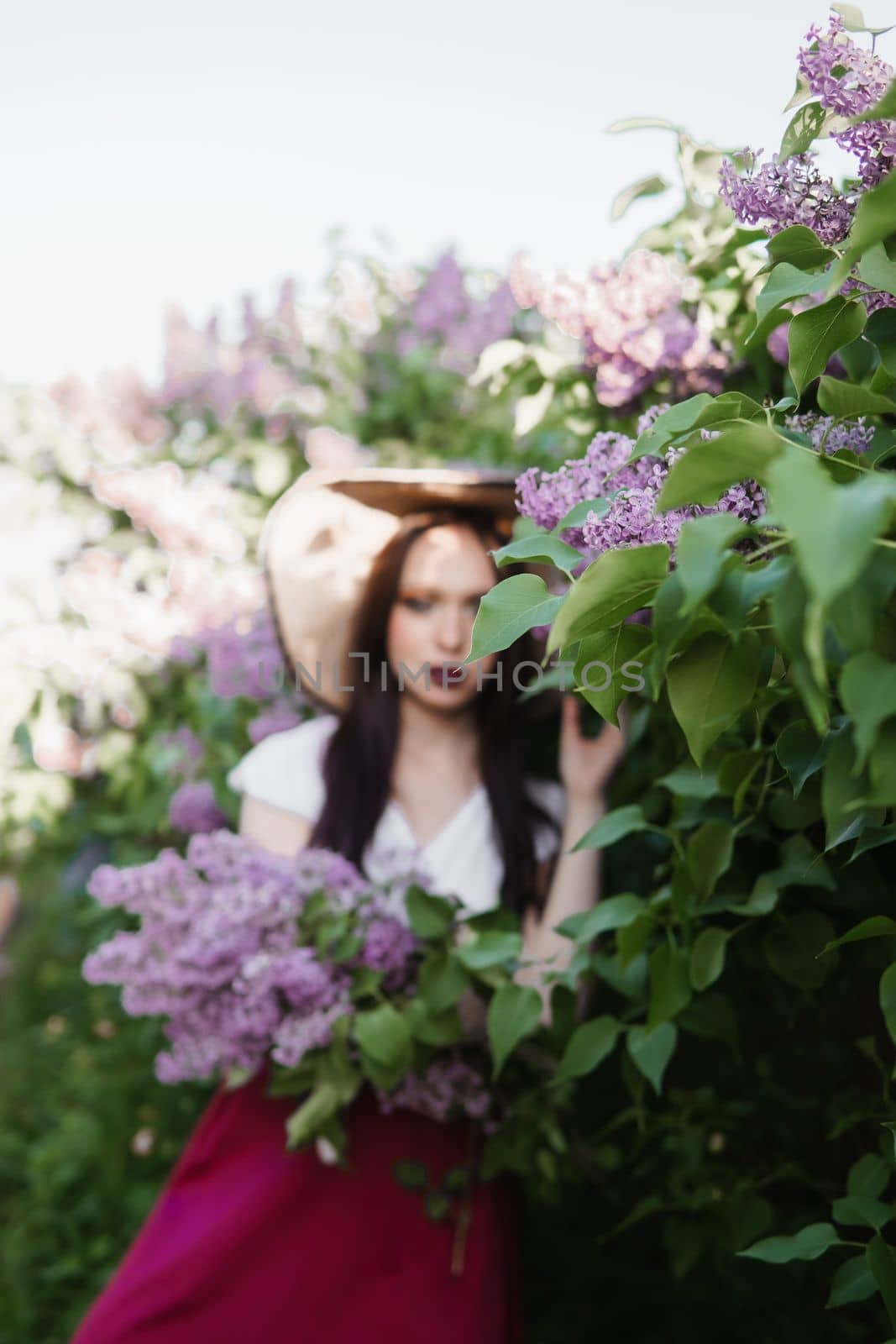 A fashionable girl with dark hair, a spring portrait in lilac tones in summer. Bright professional makeup