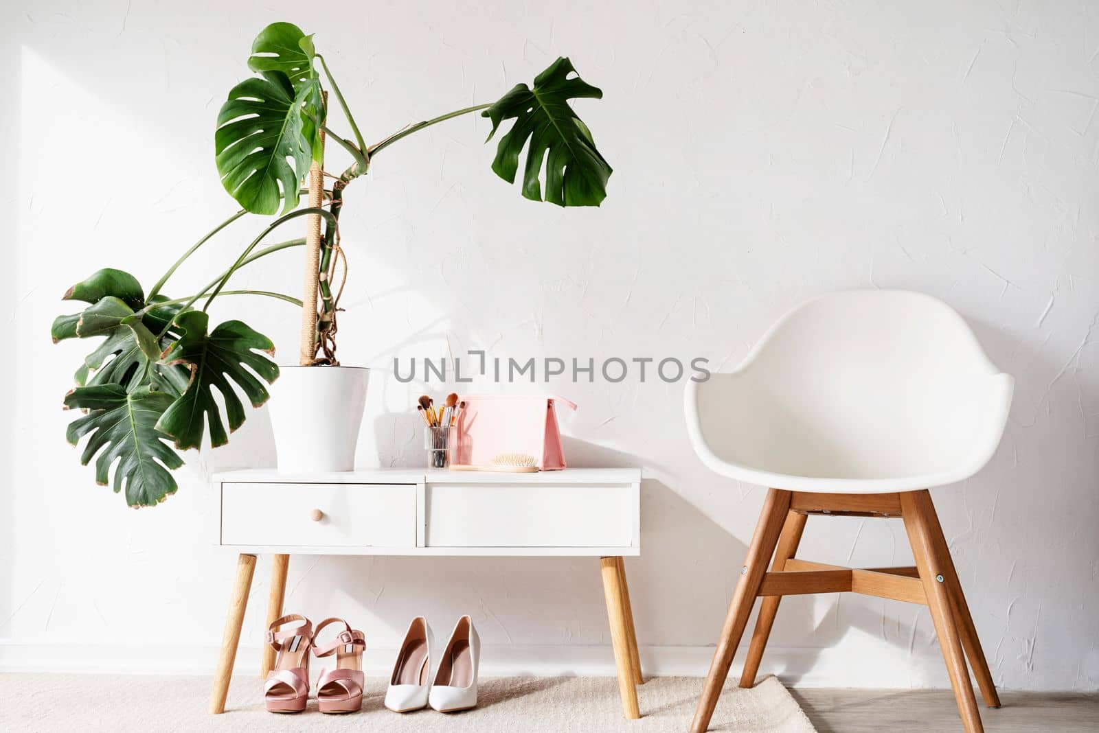 Stylish room interior with elegant dressing table and monstera plants by Desperada