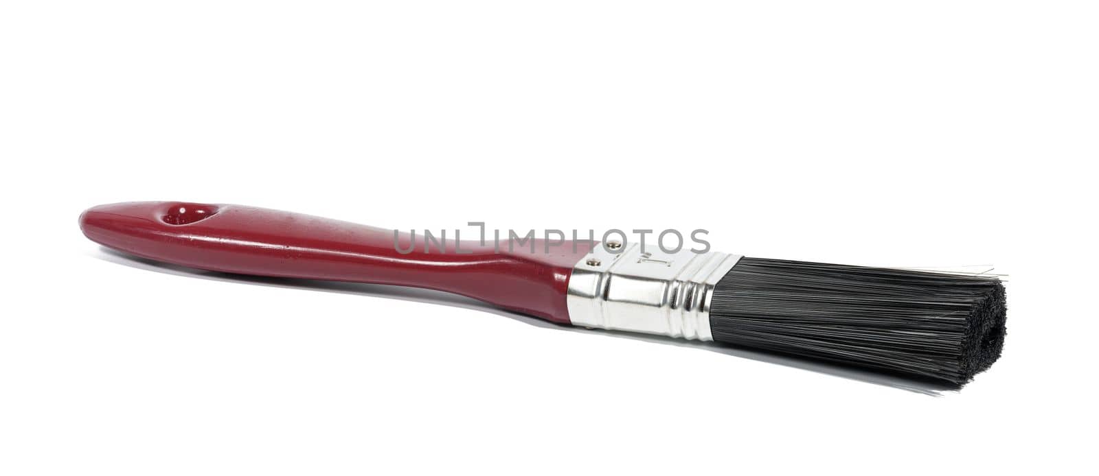 New paint brush with wooden brown handle isolated on white background, top view by ndanko