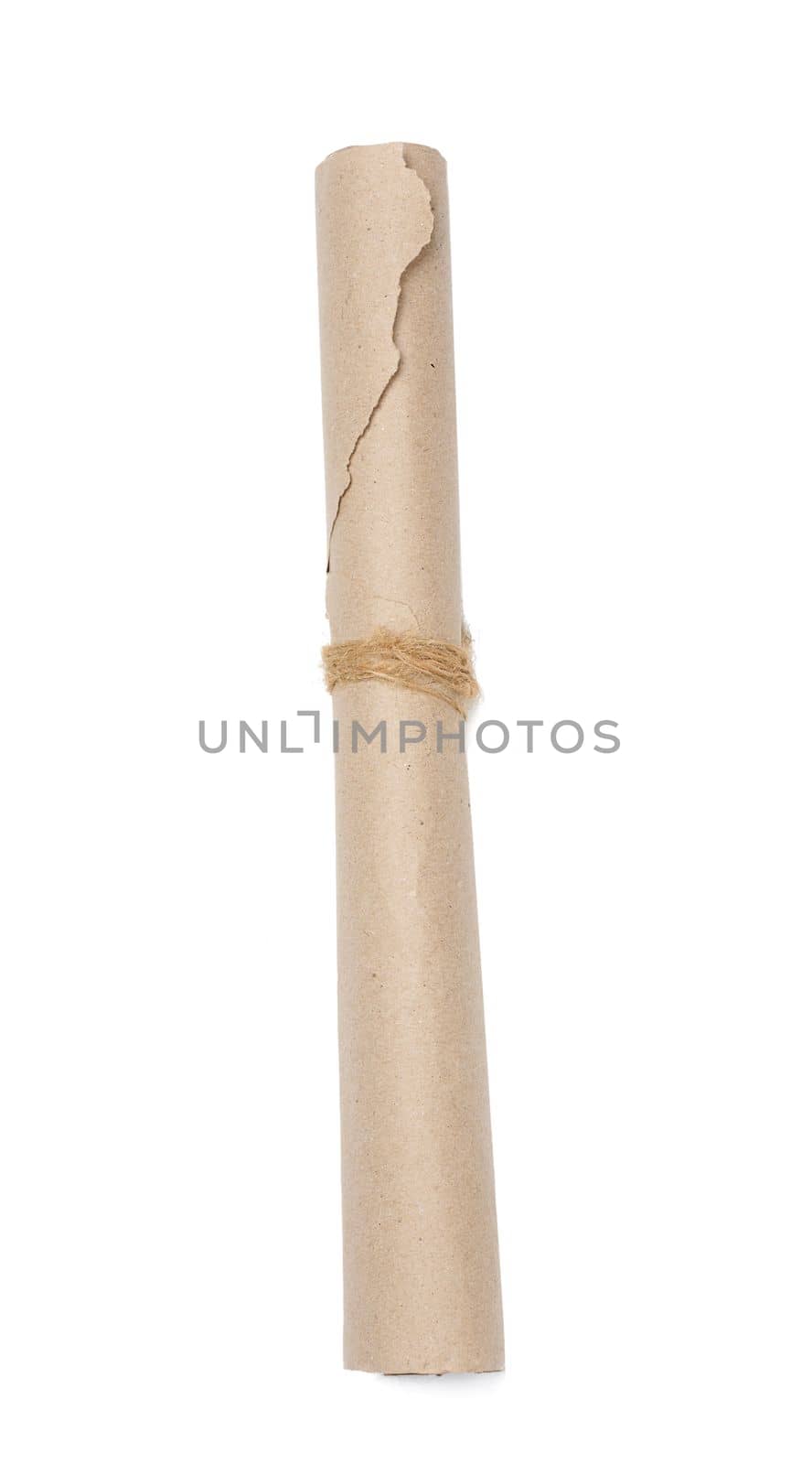 Twisted brown wrapping paper in a roll and tied with a rope on a white background