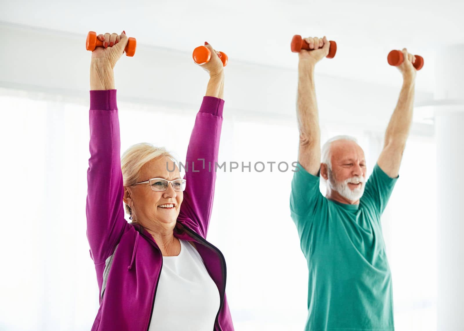 Senior couple exercise stretching and exercising with dumbbell lifting weigth at home health care