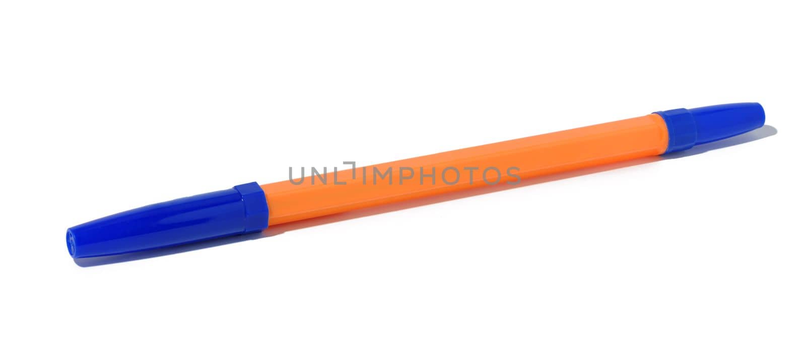 Plastic orange pen with a blue cap on a white isolated background