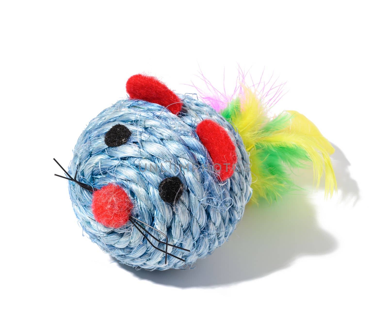 Round textile toy made of rope with feathers for animals on a white isolated background by ndanko