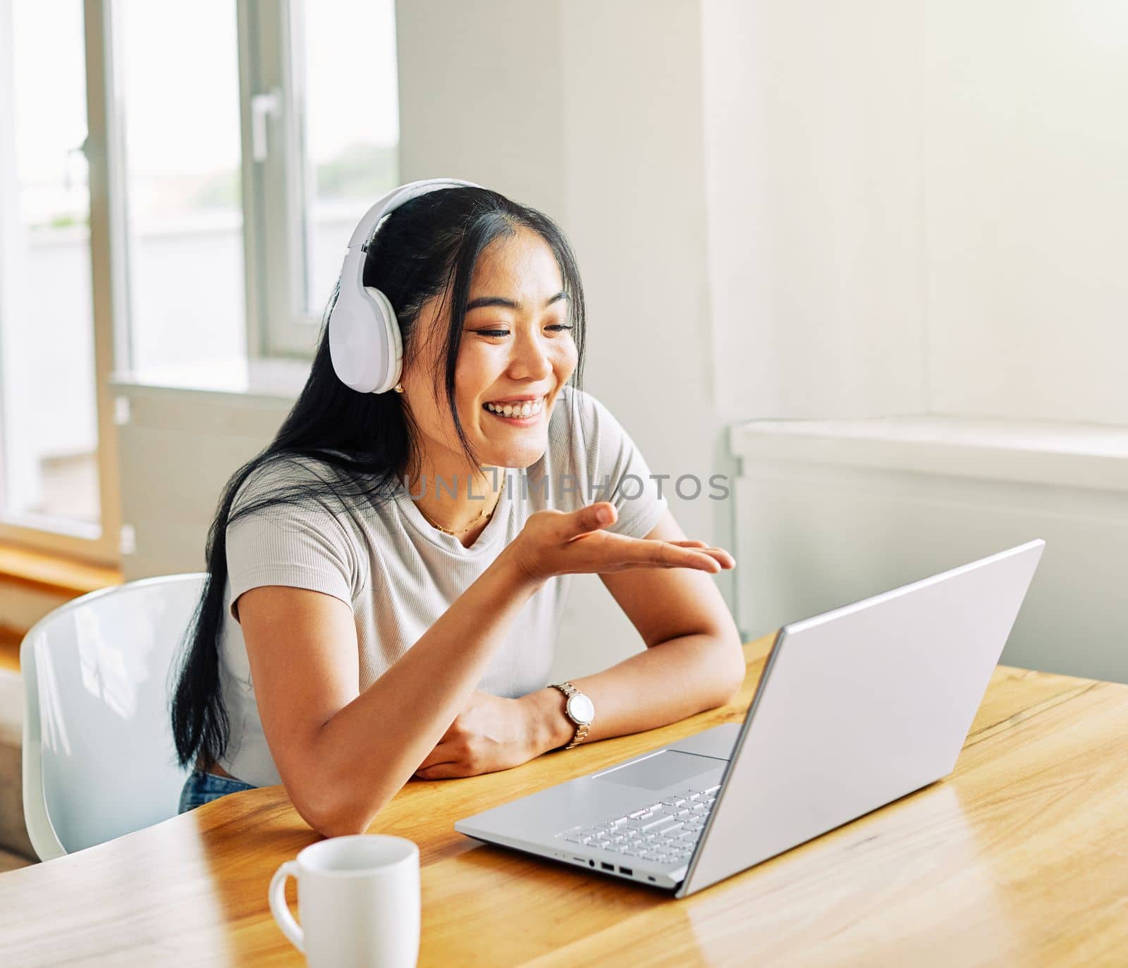laptop woman computer headphone technology call video communication online internet happy asian by Picsfive