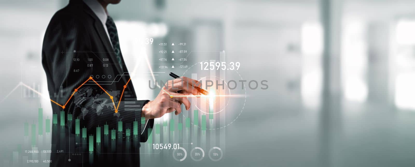 Businessman analyst working with digital finance business data graph showing technology of investment strategy for perceptive financial business decision. Digital economic analysis technology concept.