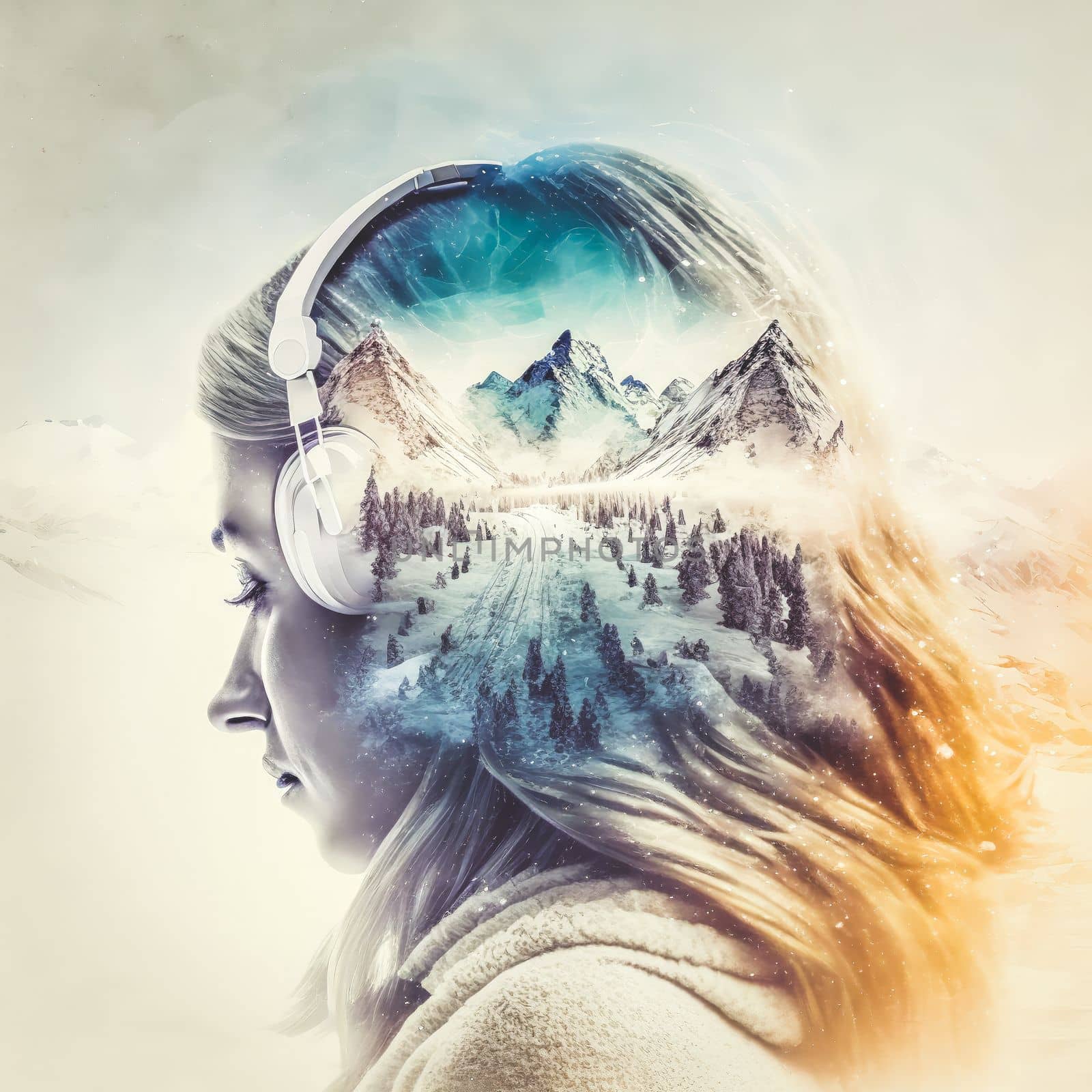 Sedate woman in headphone listening to music audio or ambient sound of double exposure snow mountain in the winter as concept of natural tranquility for healthy mind and mental by Generative AI