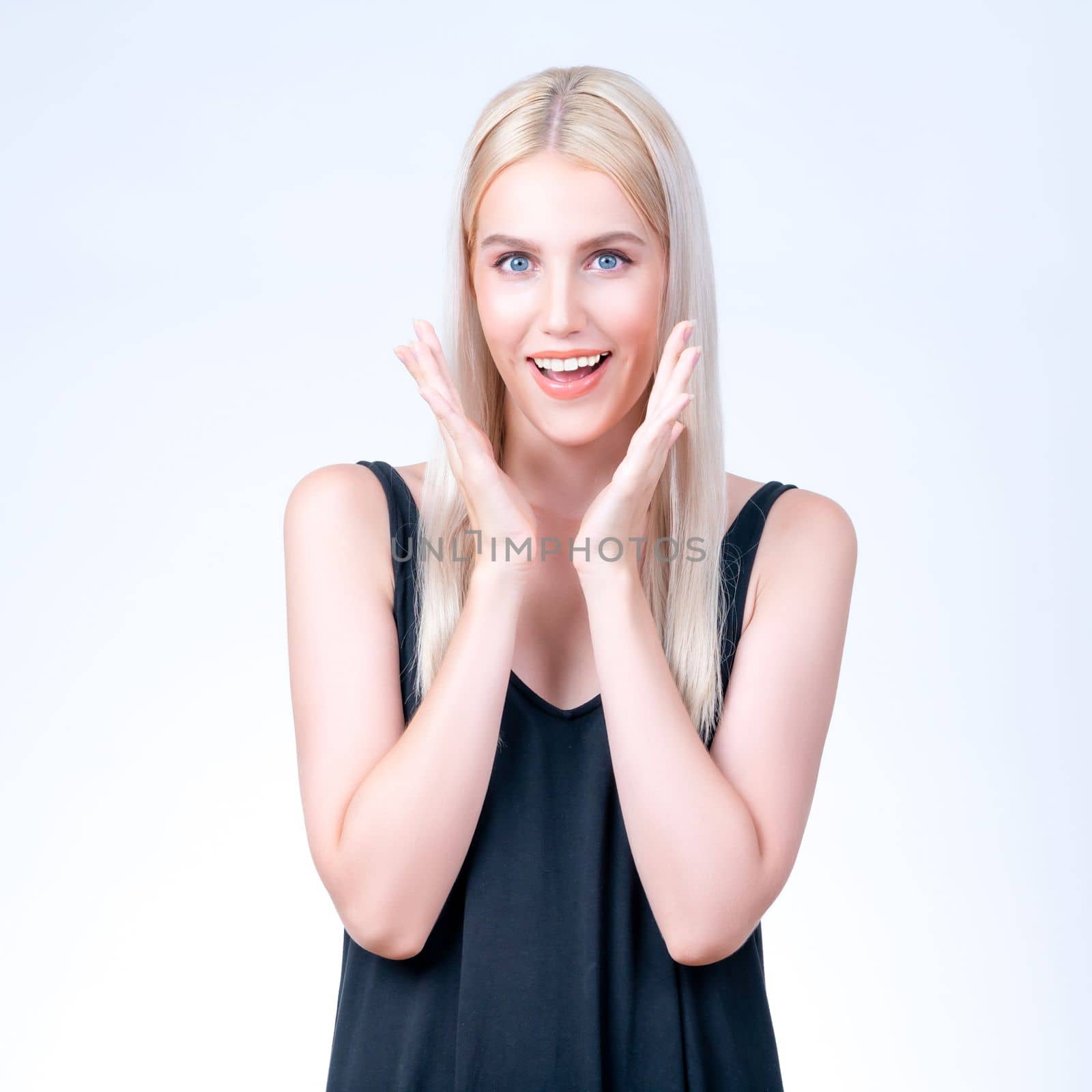 Personable beautiful woman with alluring perfect smooth and clean skin portrait. by biancoblue