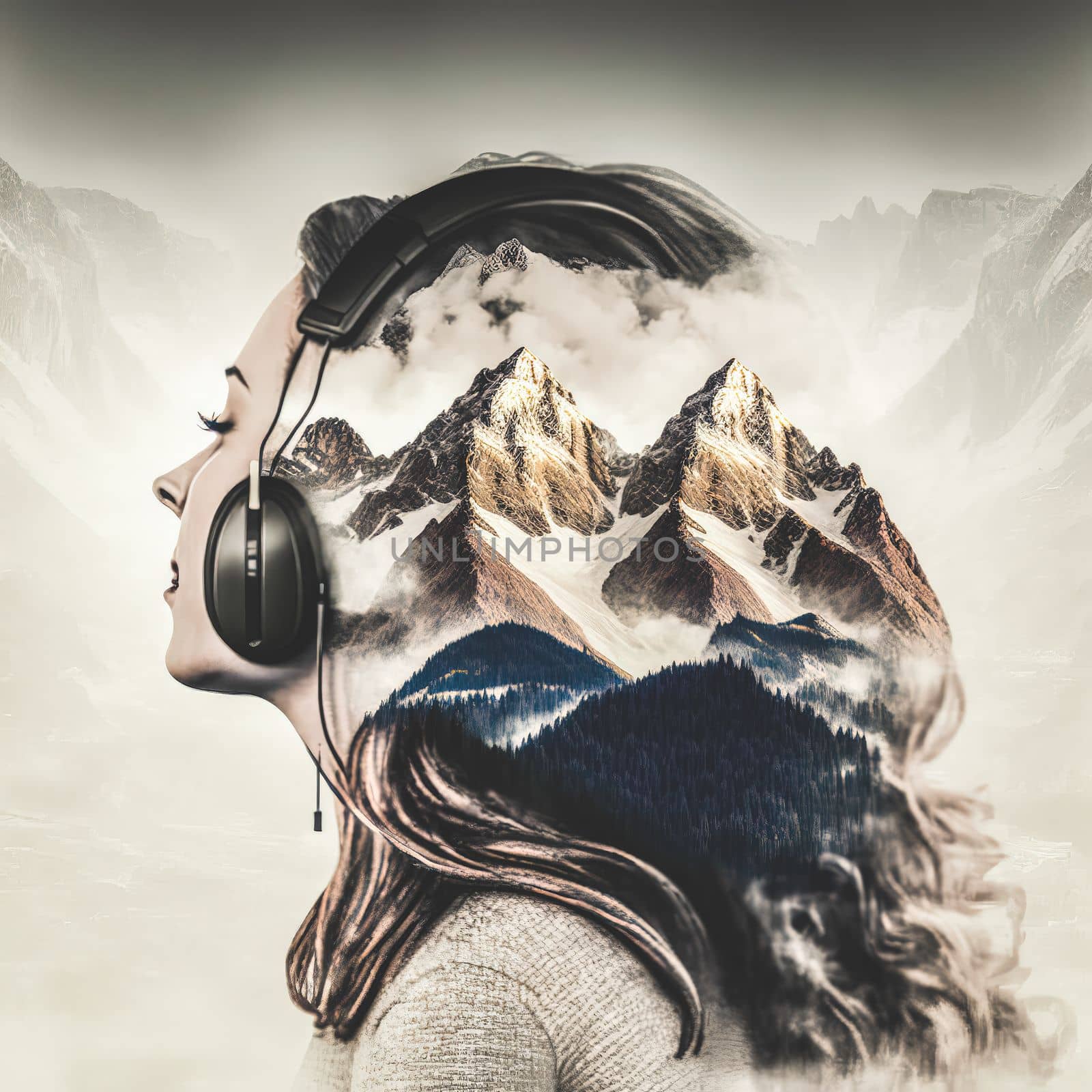Sedate woman in headphone listening to music audio or ambient sound of double exposure snow mountain in the winter as concept of natural tranquility for healthy mind and mental by Generative AI
