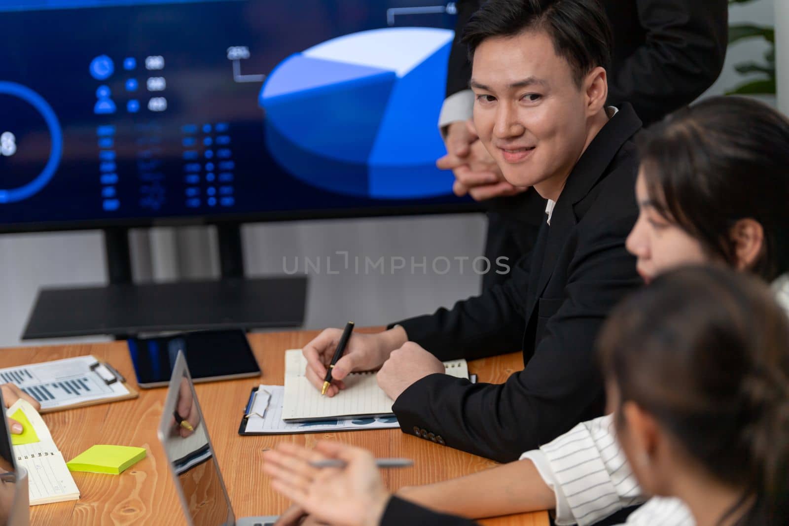 Business team of financial data analysis meeting with business intelligence, report paper and dashboard on laptop for marketing strategy. Business people working together to promote harmony in office.