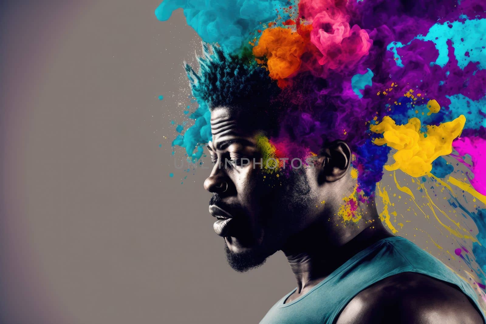 Young African American man with his head exploding in colorful paint powder in concept of midlife crisis and burnout problem . Creative danger design portrait. Peculiar AI generative image.