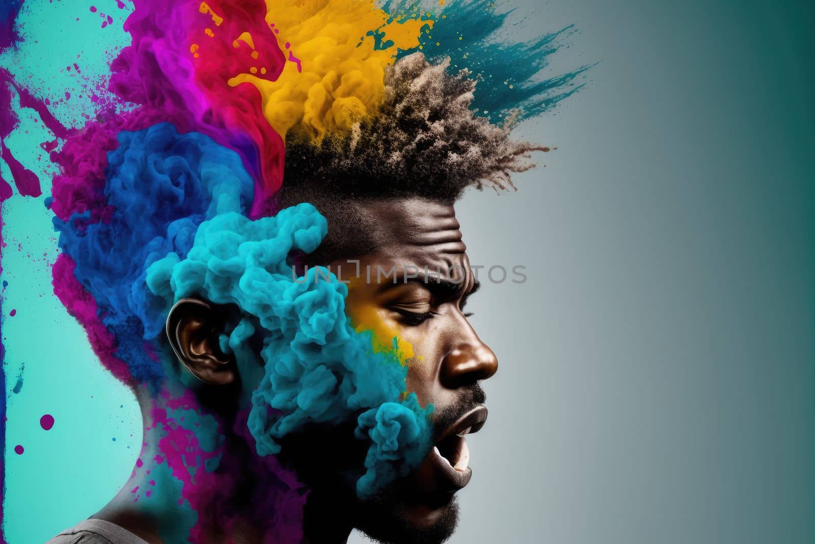 Young African American man with his head exploding in colorful paint powder by biancoblue
