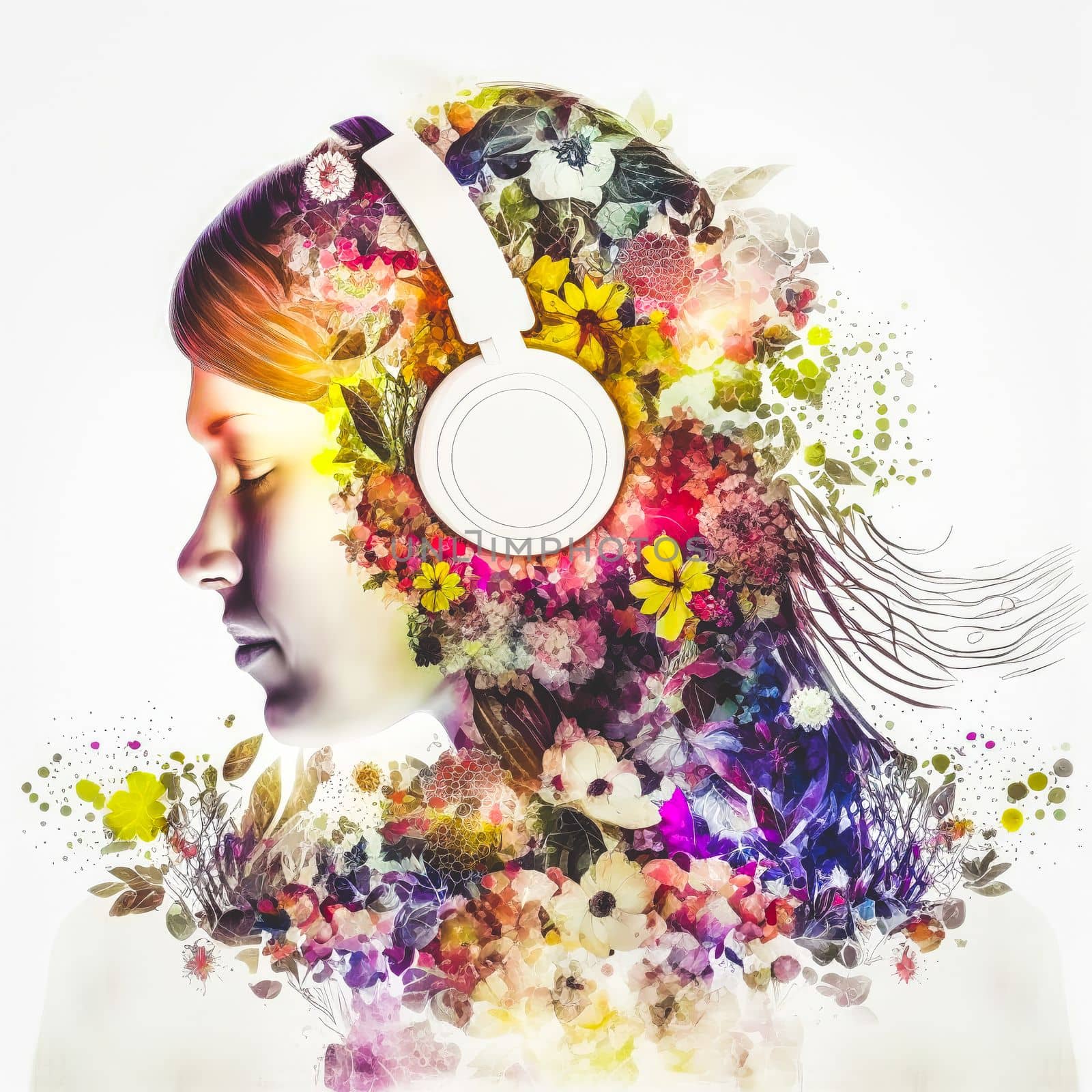 Sedate double exposure woman portrait in headphone with blossom flowers. by biancoblue