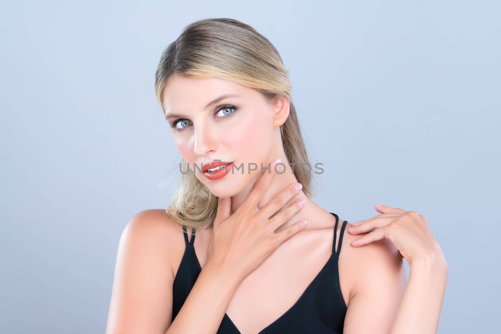 Pretty beautiful woman portrait with alluring perfect smooth and clean skin portrait in isolated background. Hand gesture with expressive facial expression for beauty model concept.