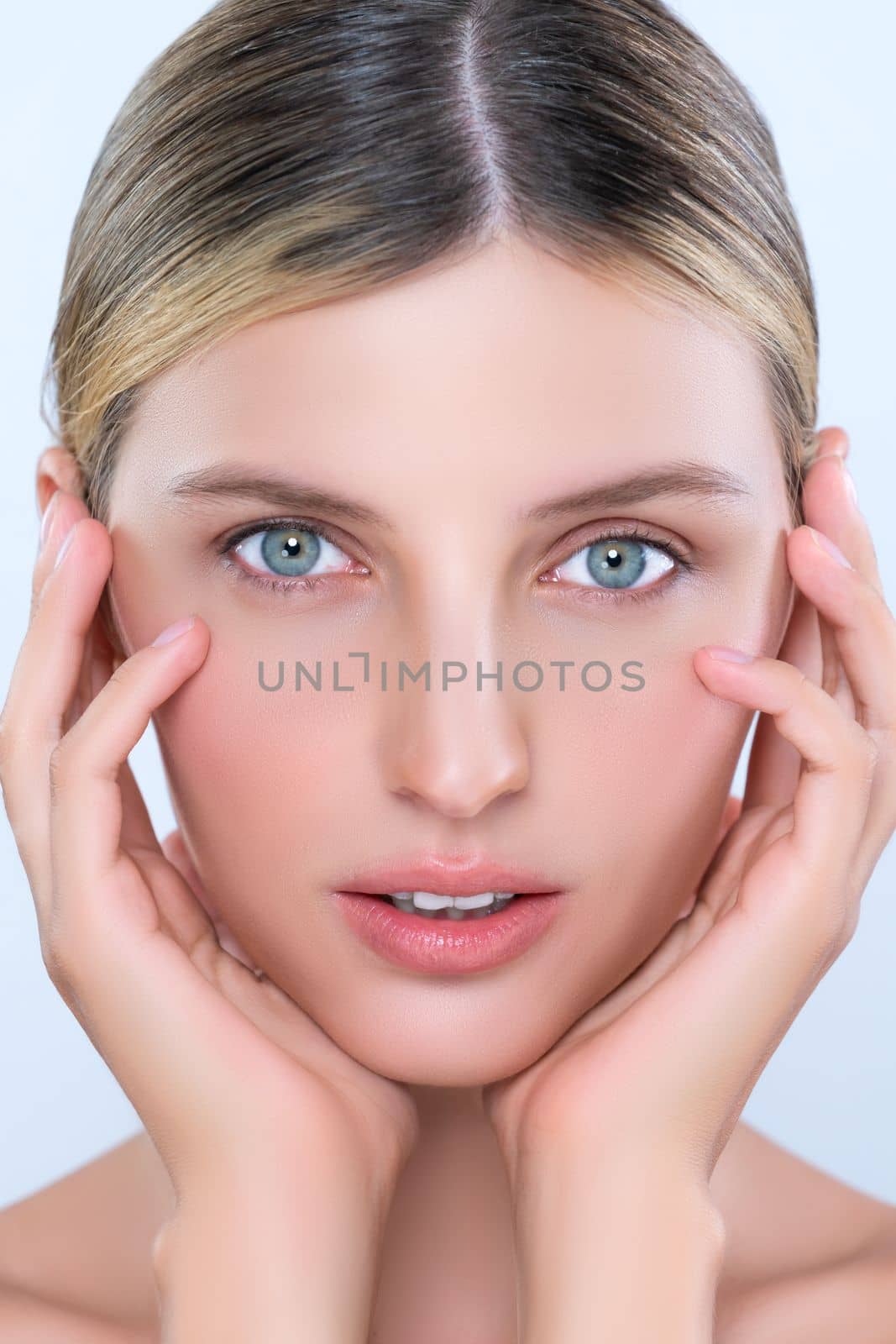 Closeup alluring beautiful woman with perfect smooth and clean skin portrait. by biancoblue