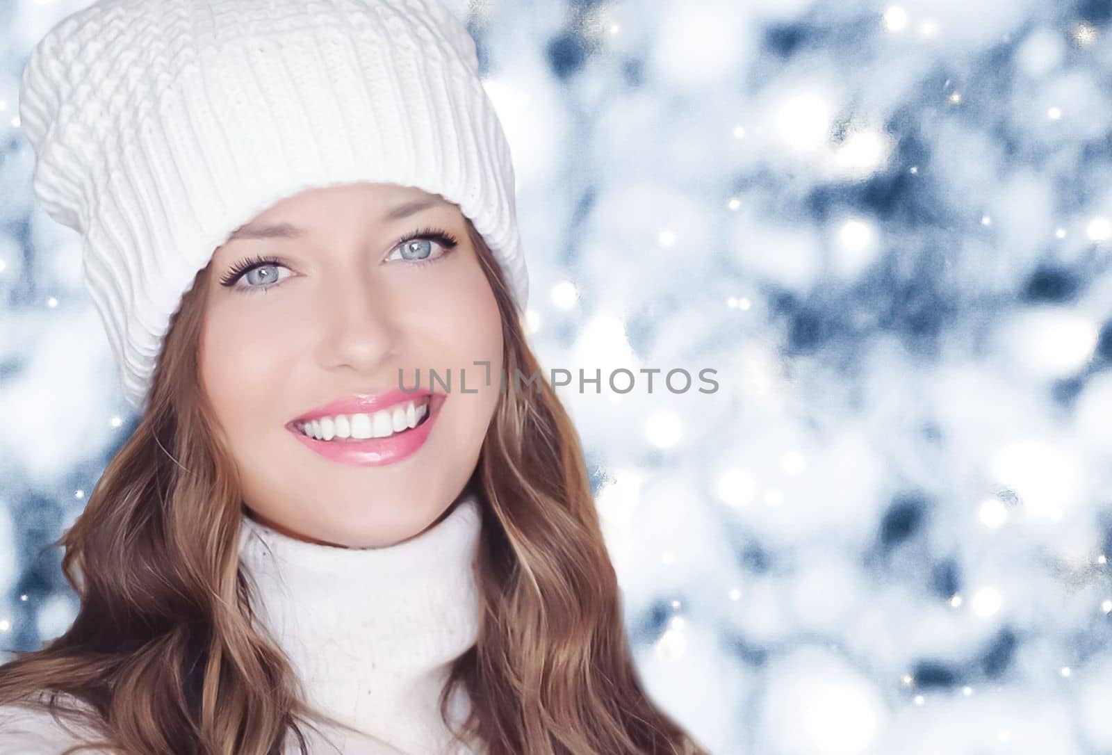 Winter holiday travel, lifestyle and fashion, beautiful happy woman and snowy forest, nature, ski resort and leisure activity outdoors Christmas, New Year and holidays portrait.