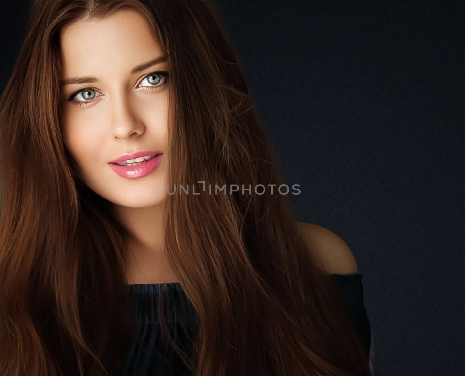 Beauty, makeup and skincare, face portrait of beautiful woman with long hairstyle on black background for luxury cosmetics, wellness or glamour fashion by Anneleven