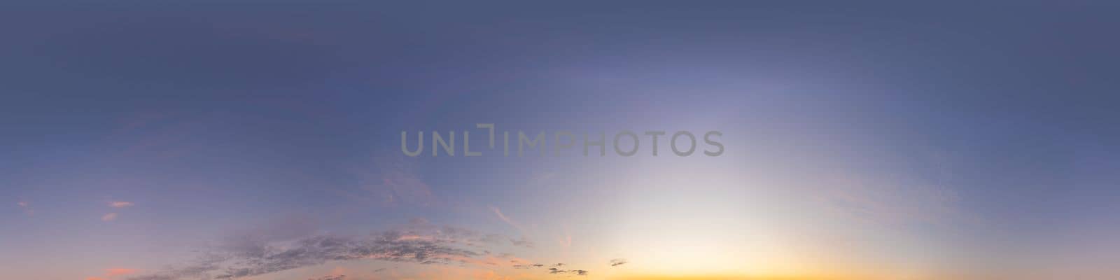 Dark blue sunset sky panorama with pink Cumulus clouds. Seamless hdr 360 pano in spherical equirectangular format. Full zenith for 3D visualization, game, sky replacement for aerial drone panoramas