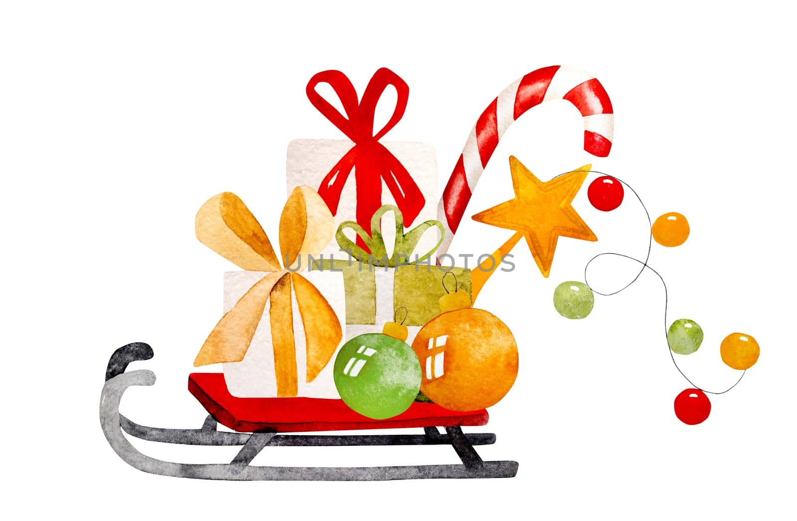 Christmas sled with gifts and lollipop watercolor festive illustration. Traditional New Year xmas drawing for postcards and design