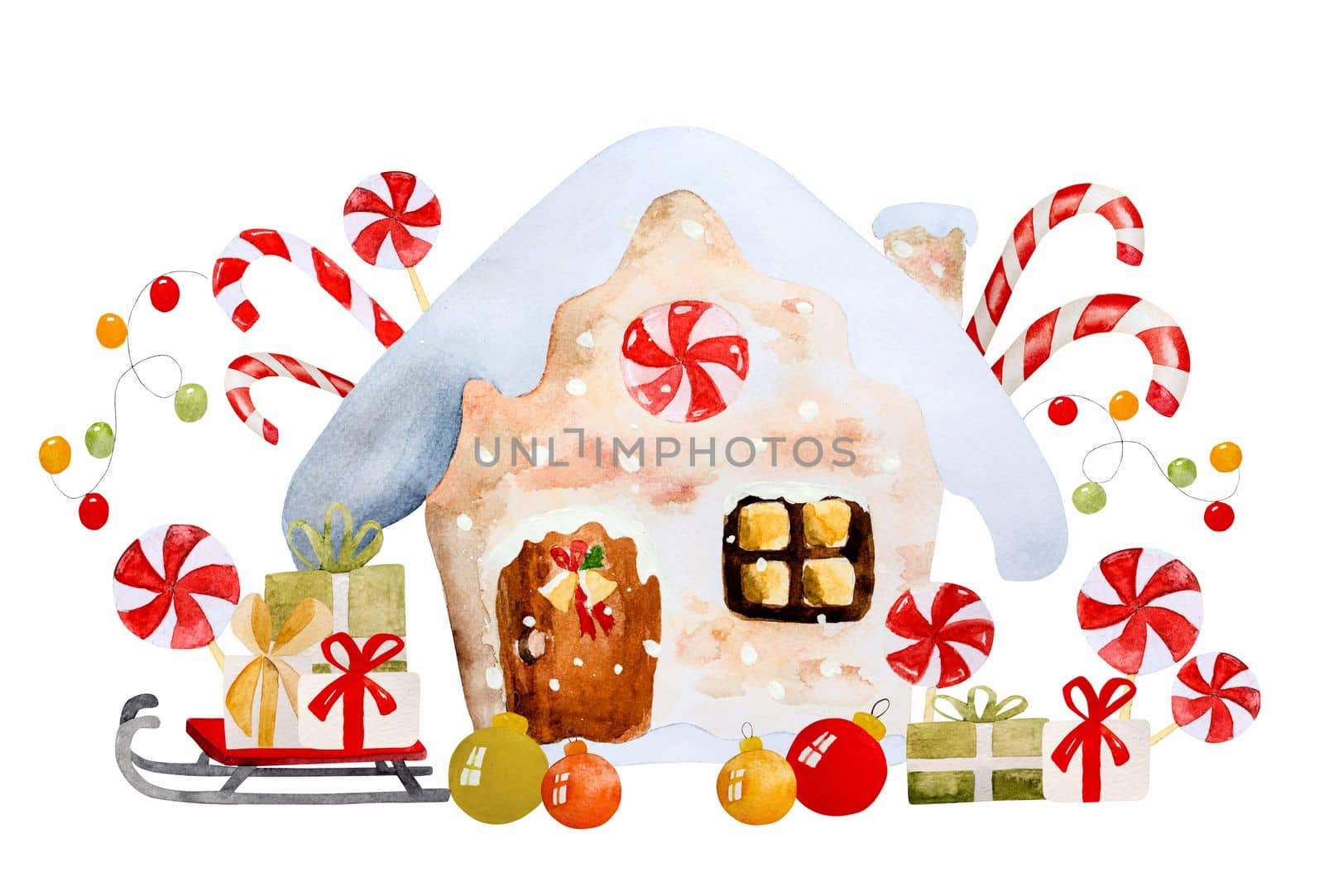 Christmas gingerbread house with sleg, lollipop and gifts illustration. New Year xmas festive postcard