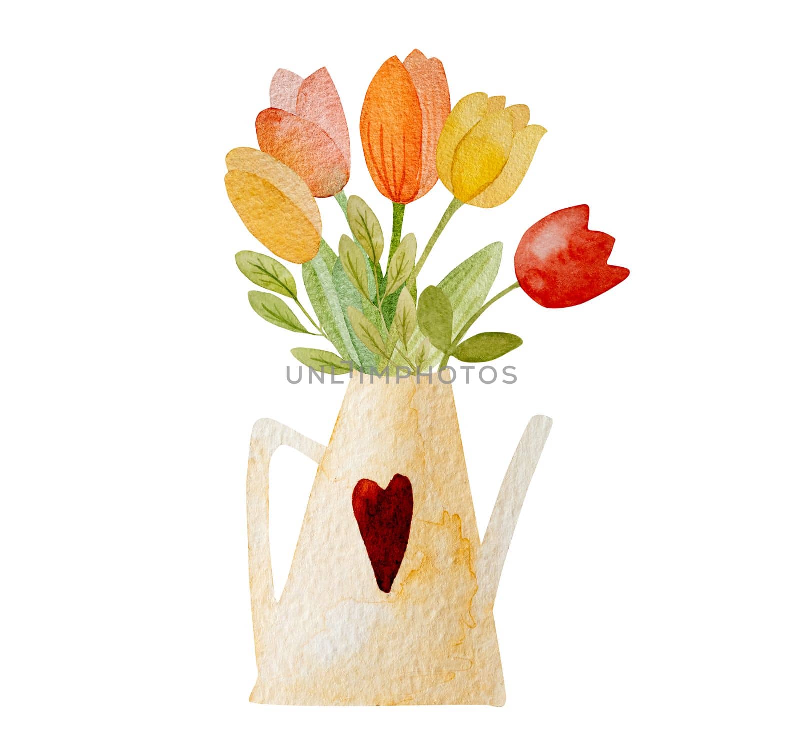Spring tulips bouquet in watering can watercolor drawing for postcard. Beautiful summer flowers aquarelle painting