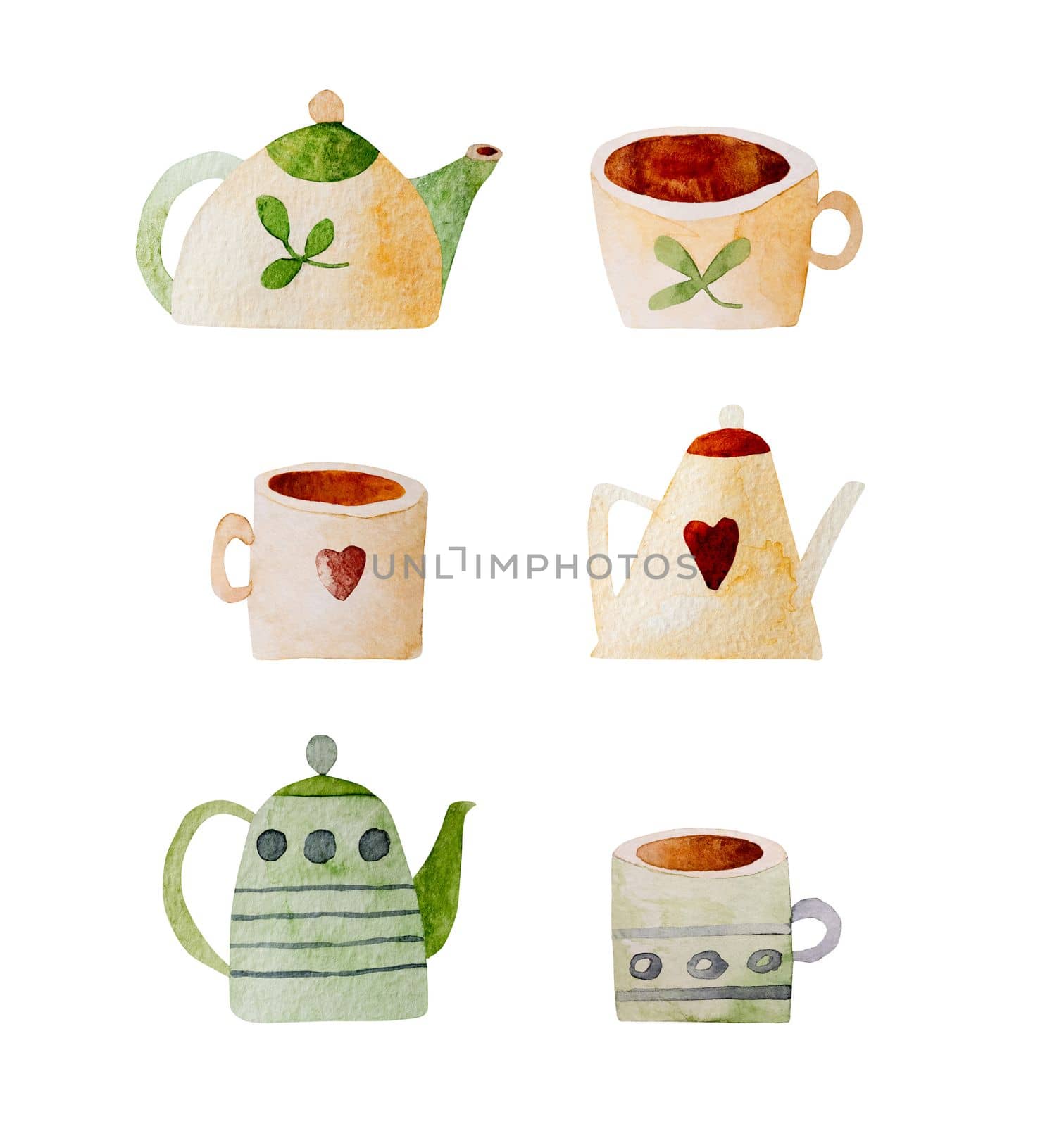 Beautiful kettles watercolor illustration. Variaty of aquarelle cermic autentic tableware paintings