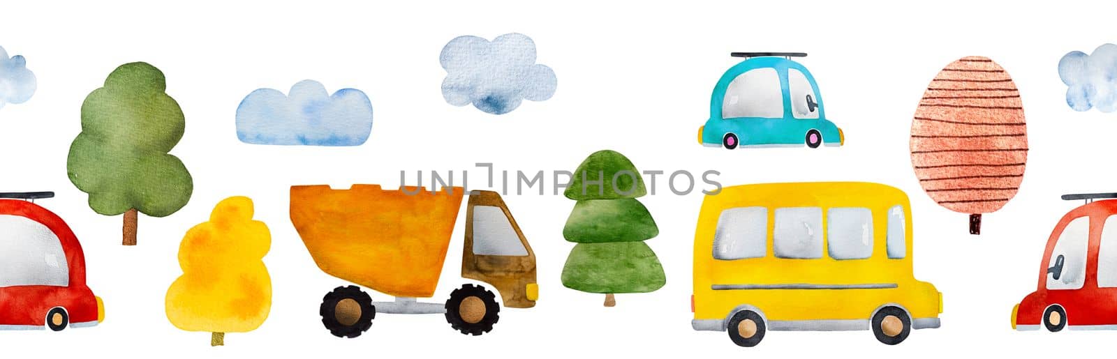 Cute watercolor vehicles paintings with school bus, truck and car. Beautiful autumn drawings with automobile, trees and clouds