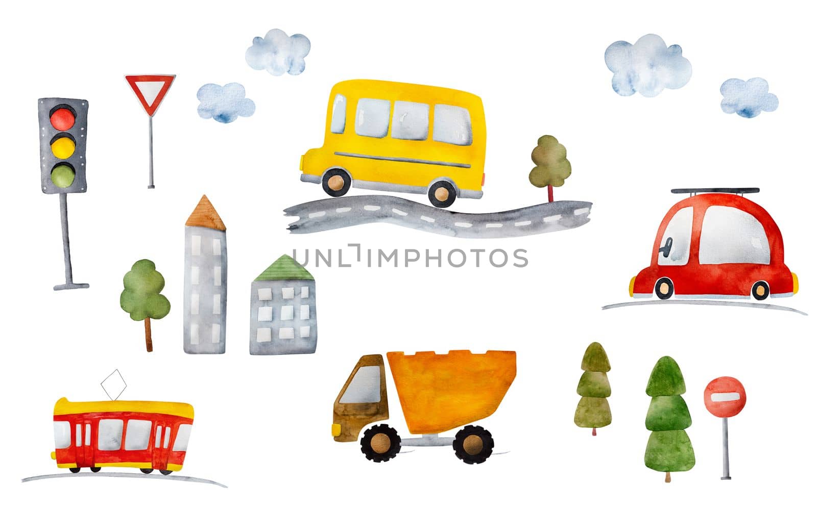 Red car, tram and school bus with traffic lights and city watercolor illustration. Urban transportation and dump truck aquarelle painting