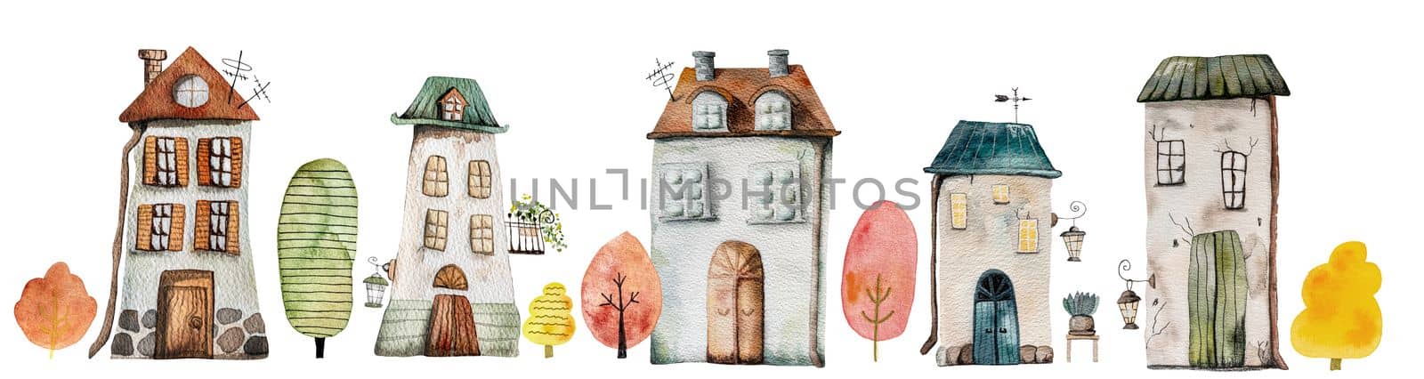 Watercoor houses buildings set with cute autumn illustration for postcards. Home exterior design with fall colorful tree