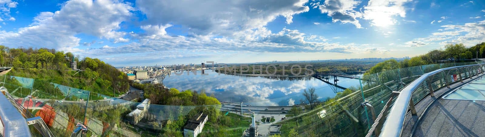 Scenic top panoramic view of Kyiv city Podol old center, Dnepr river Rybalskiy island panoramic landscape. Ukrainian capital Kiev blizzard panorama