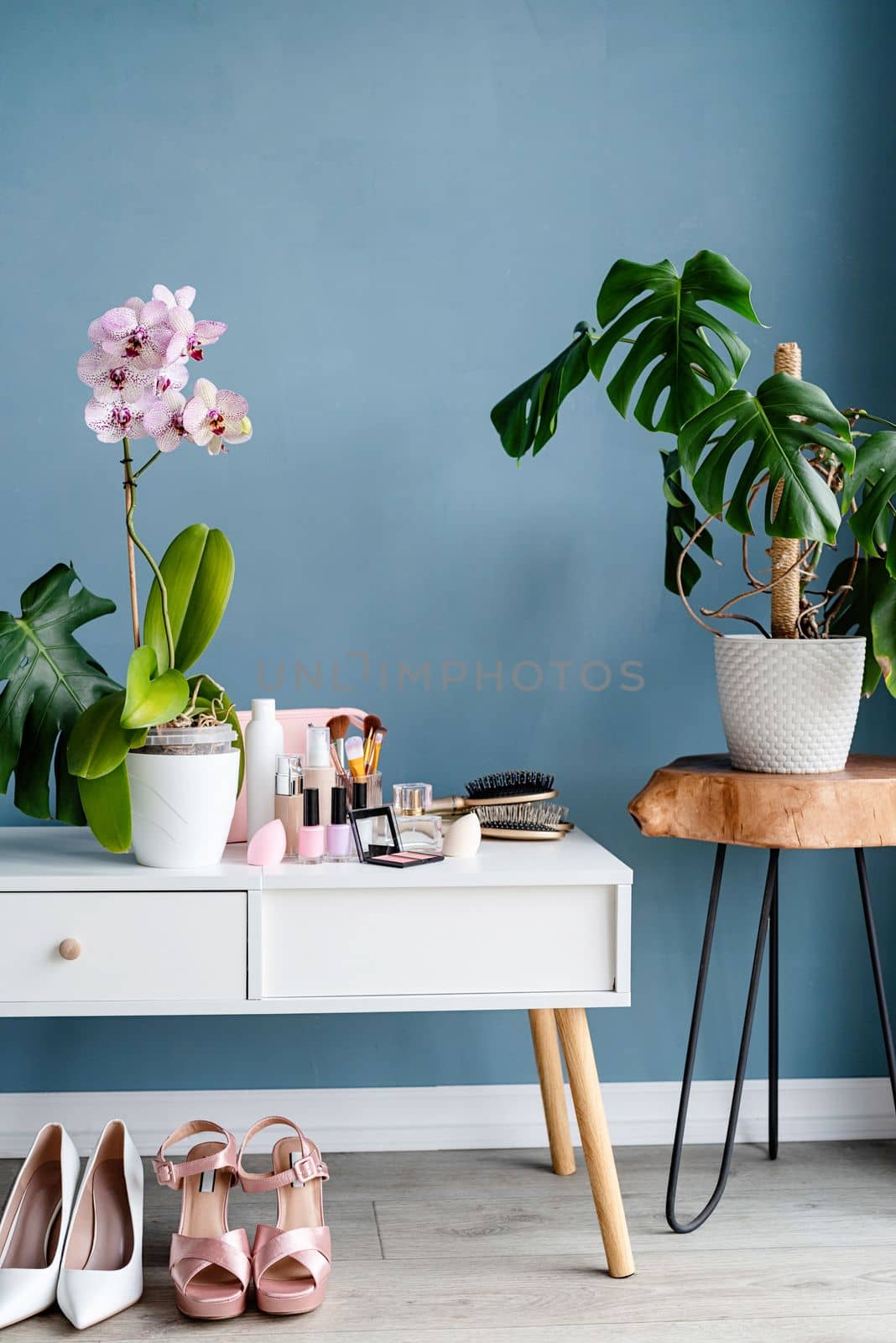 Stylish room interior with elegant dressing table and plants by Desperada