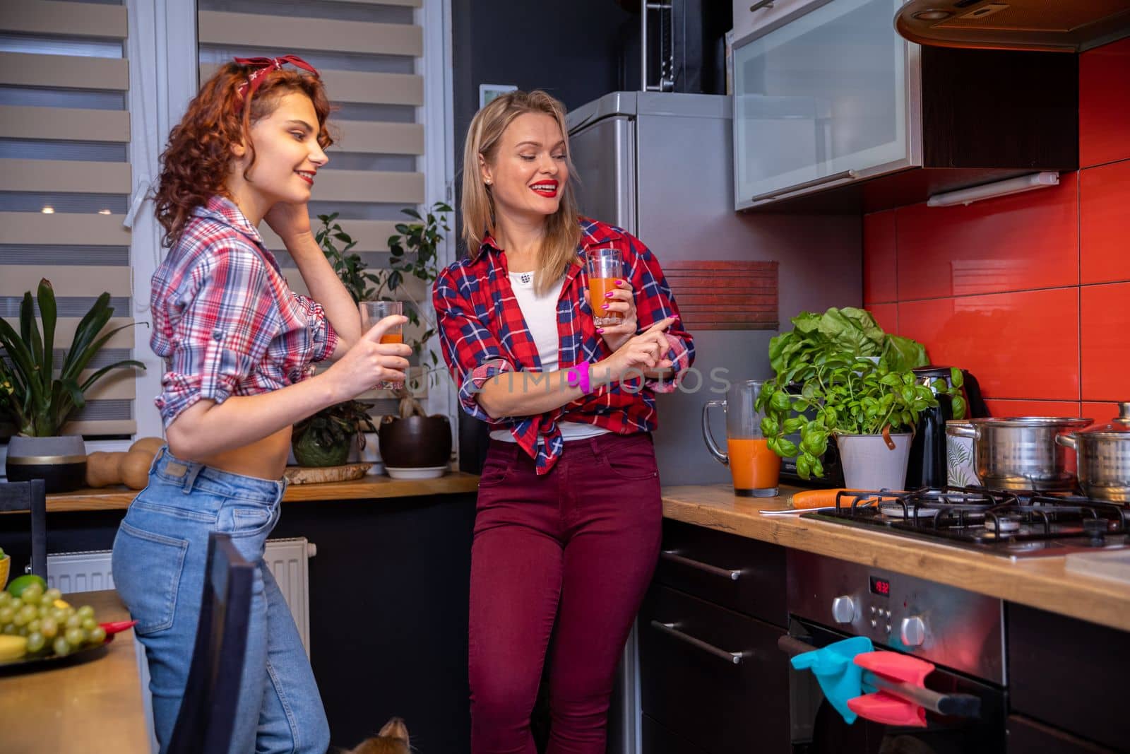 Women dressed in pin-up style stand in the kitchen and hold glasses of juice. Herbs in a pot stand on the kitchen counter. There are metal pots on the stove. The women are dressed in checkered shirts.