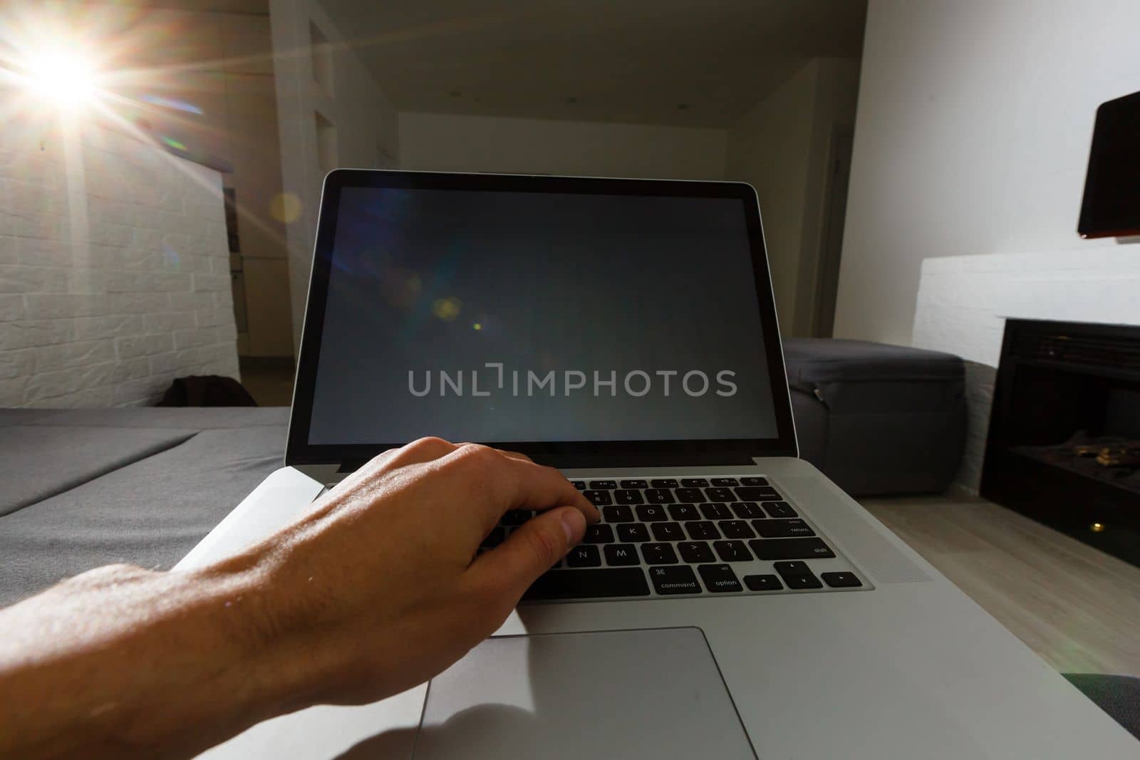 Using laptop with blank screen - POV - Point of view perspective