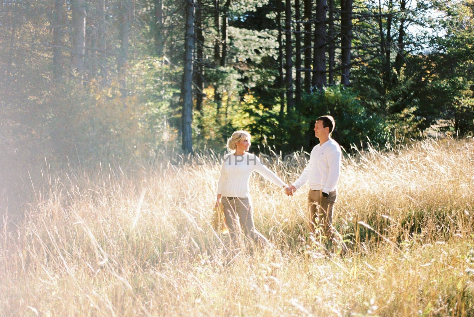 Man and woman stand among the tall dry grass in a clearing holding hands. High quality photo