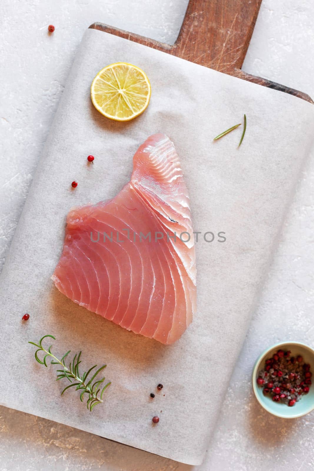 raw piece of tuna albacore fish, top view