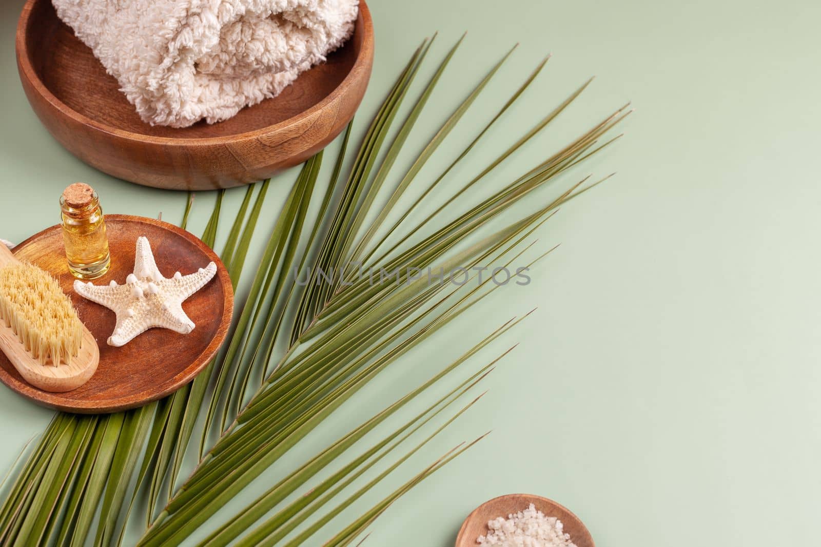 spa composition with palm leaf, towel, sea salt and starfish, light green background, top view