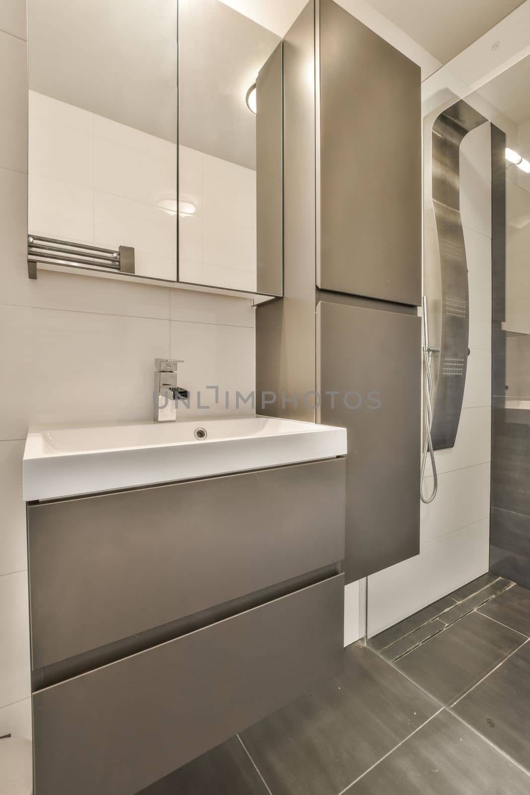 a modern bathroom with grey tile flooring and white cabinets in the shower stall is visible on the right side