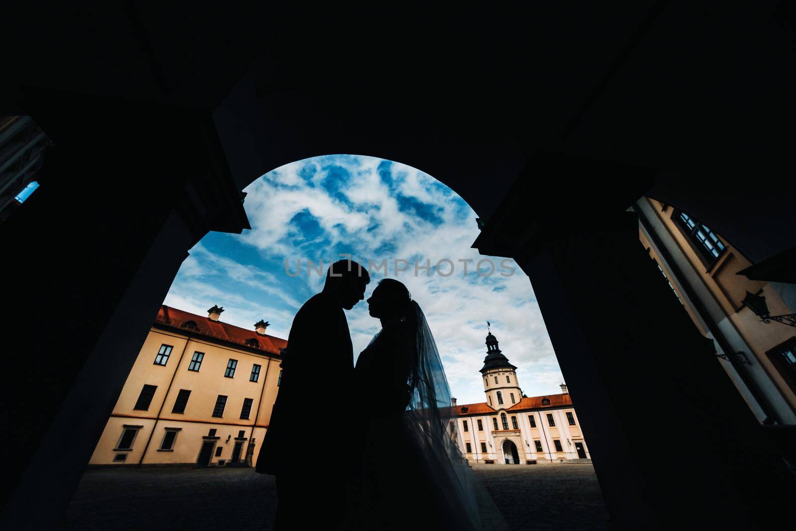 silhouettes of a couple in love at sunset on the background of the Nesvizh castle.