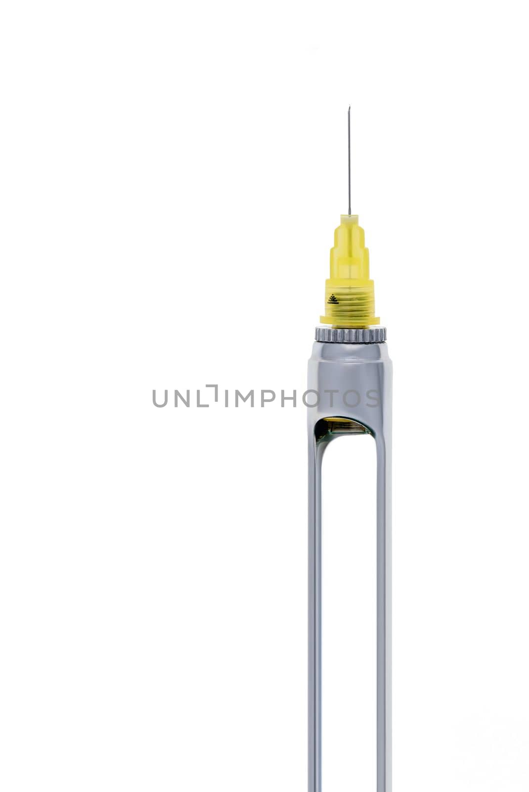 Steel dental syringe for local anesthesia, isolated on white. Carpool syringe for anesthesia in dentistry. Thin needle on a syringe for anesthesia in dentistry.