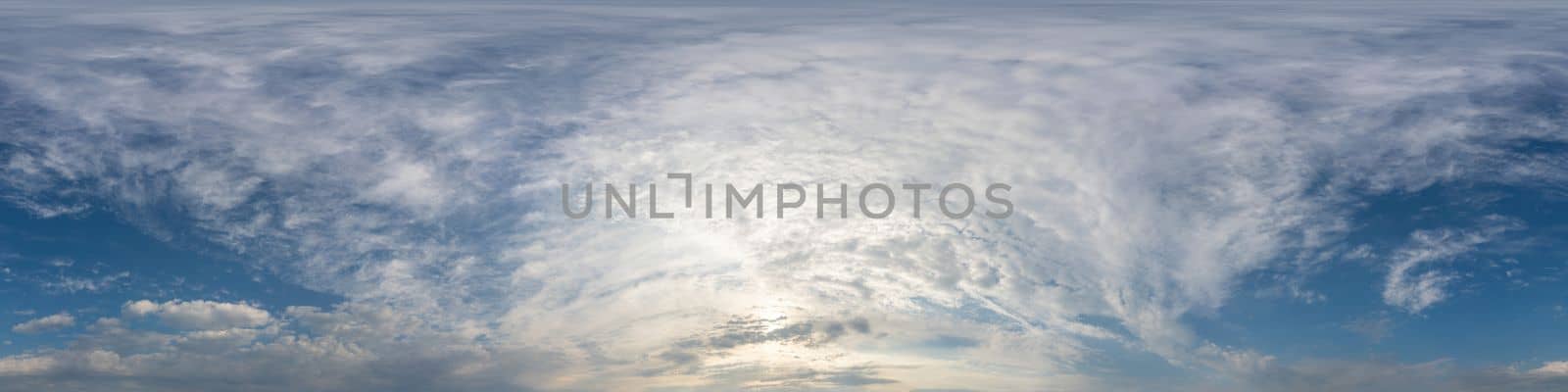 Dark blue sunset sky panorama with pink Cumulus clouds. Seamless hdr 360 pano in spherical equirectangular format. Full zenith for 3D visualization, game, sky replacement for aerial drone panoramas