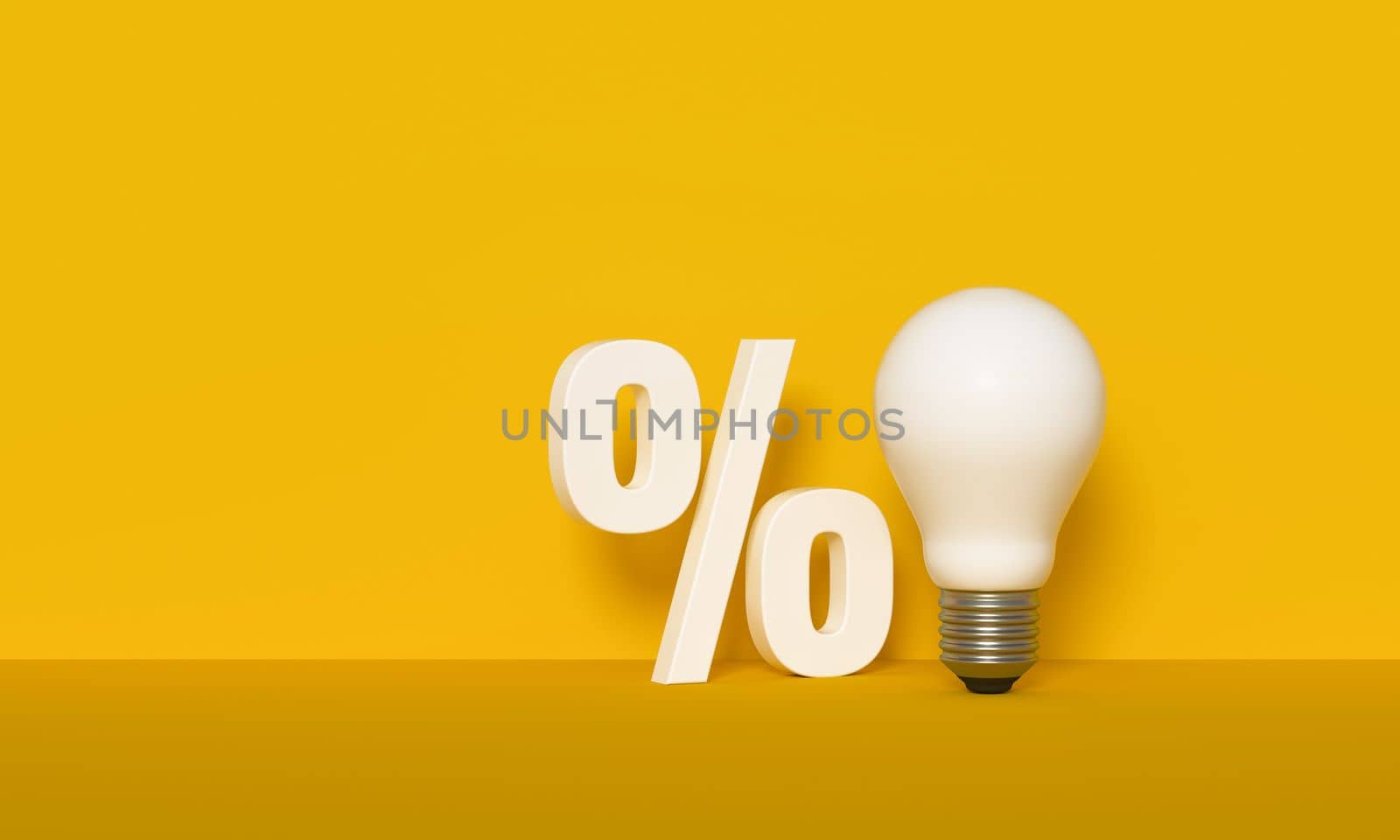 Light bulb with percent symbol isolated on yellow background. 3d illustration.