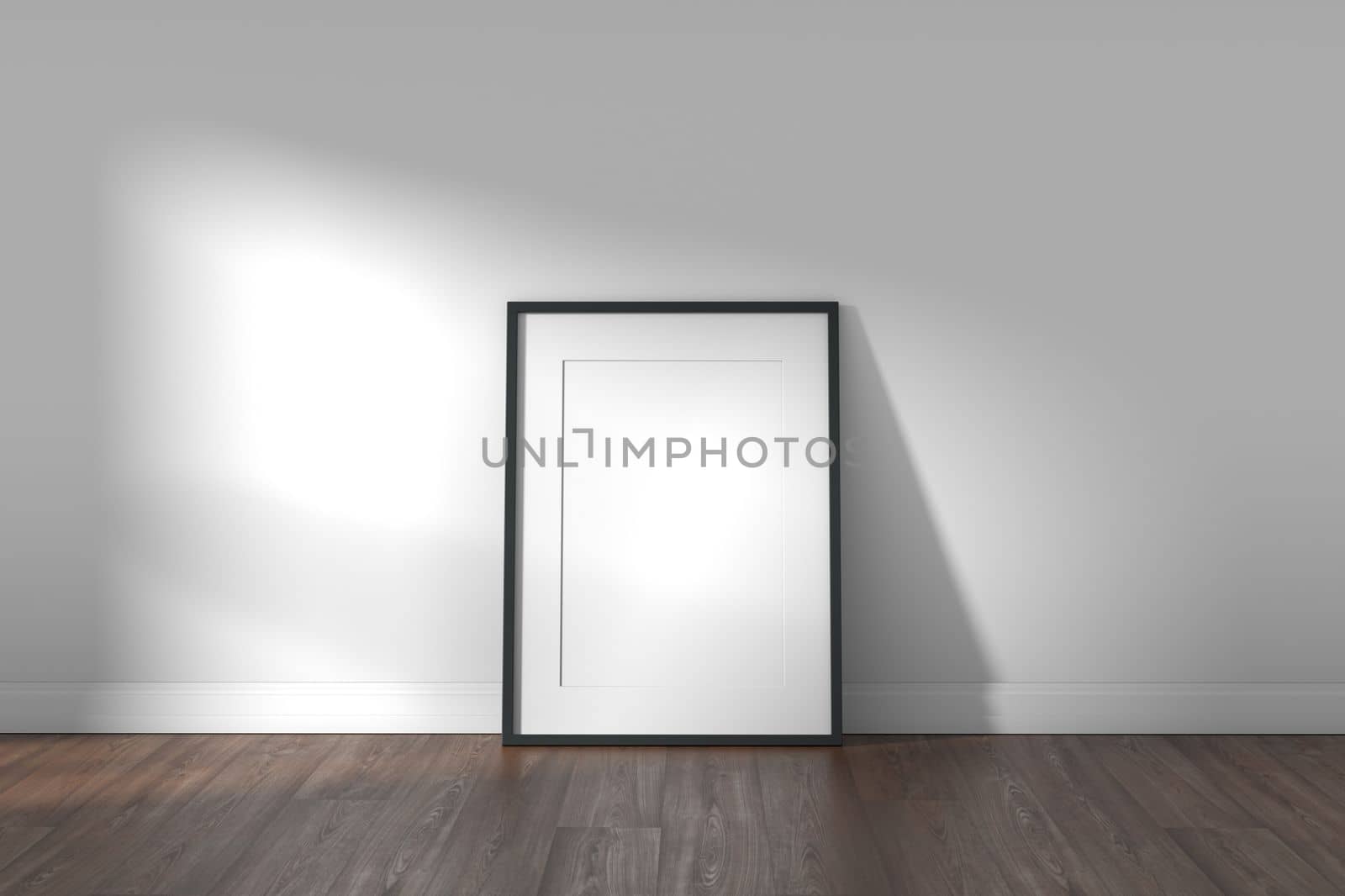Frame on wooden floor and white wall background with sunlight coming through the window. by ImagesRouges