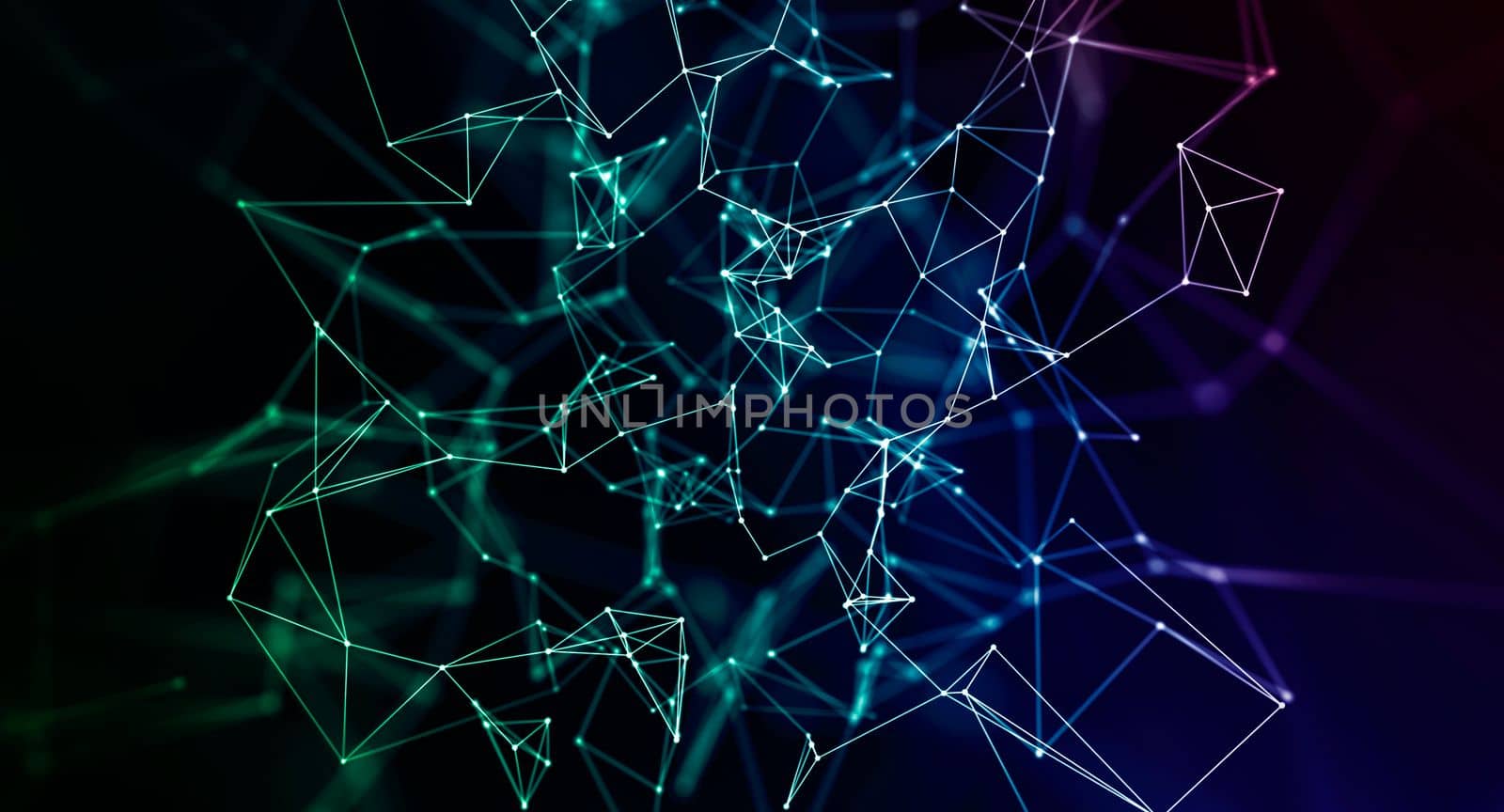 Abstract geometric background hologram colors with triangular cells for design and with broken, tech backdrop of connections and dots.