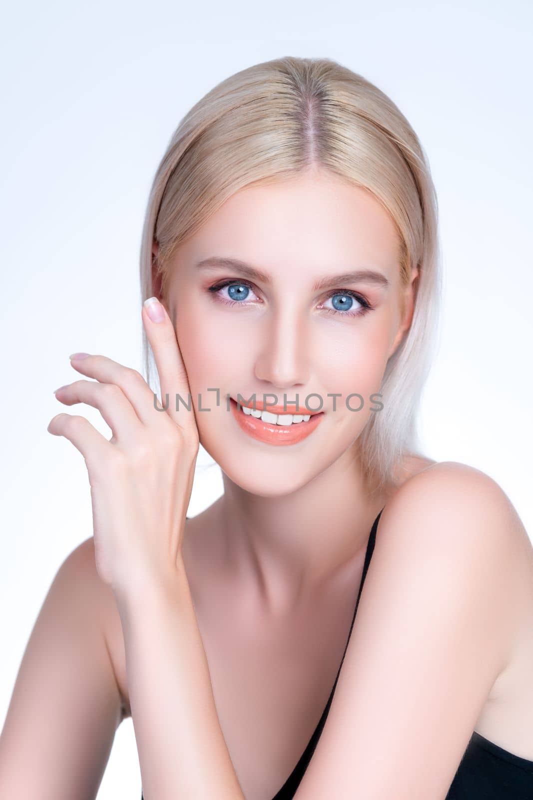 Closeup personable beautiful woman with alluring perfect smooth skin portrait. by biancoblue