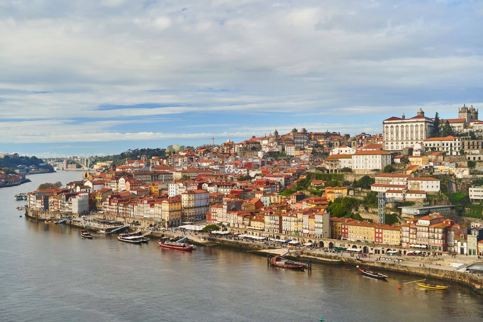 Porto, Portugal - 12.25.2022: Aerial view of the old ribeira area in Porto. High quality photo