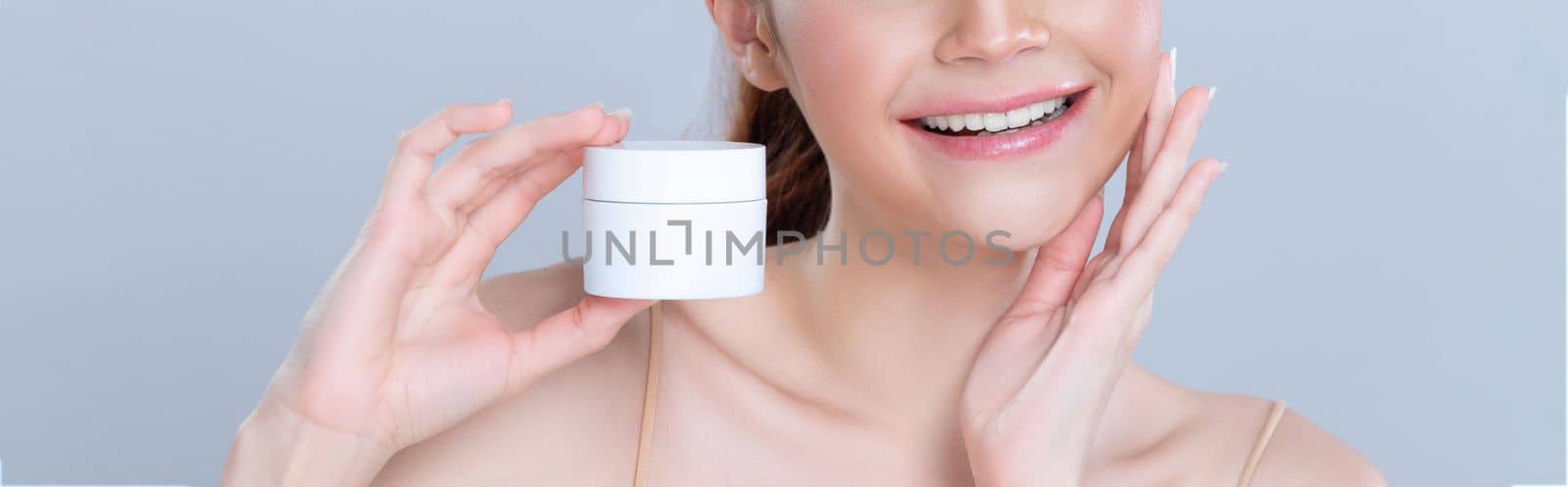 Glamorous beautiful perfect cosmetic skin with soft makeup woman portrait hold mockup jar cream or moisturizer for skincare treatment and anti-aging product advertisement in isolated background.