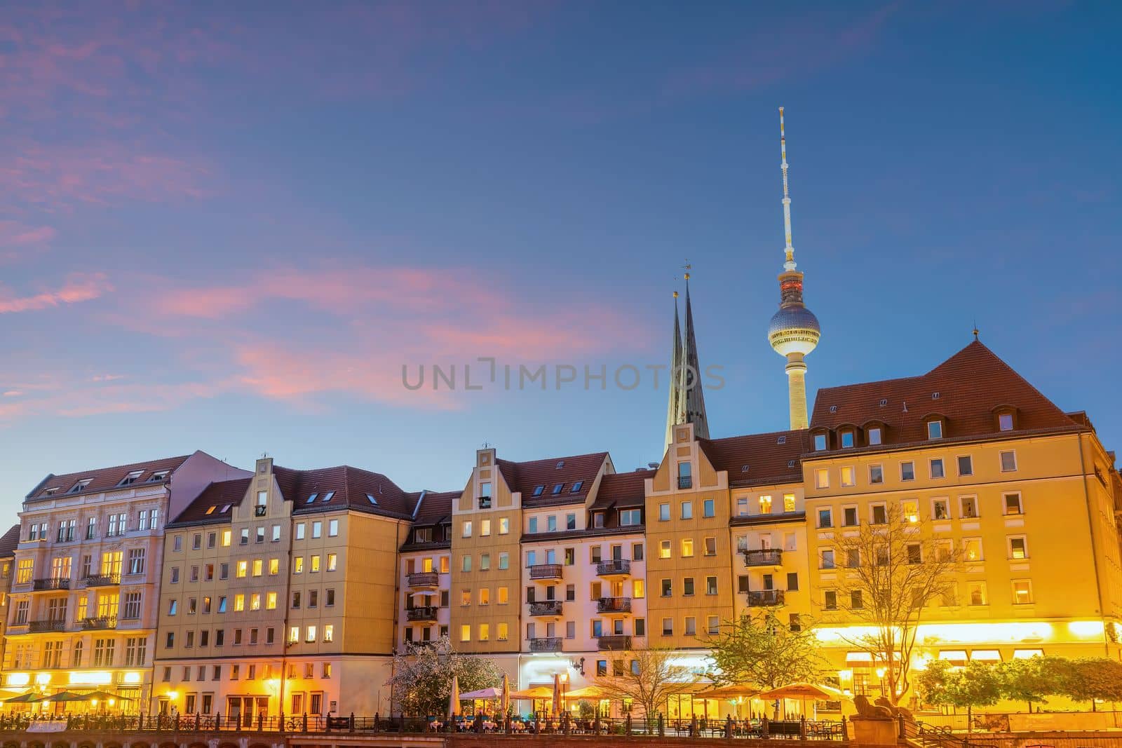 Berlin downtown city skyline, cityscape of Germany at sunset